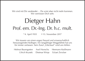 Traueranzeige von Dietger Hahn von Tagesspiegel
