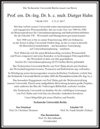 Traueranzeige von Dietger Hahn von Tagesspiegel