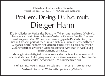 Traueranzeige von Dietger Hahn von Tagesspiegel