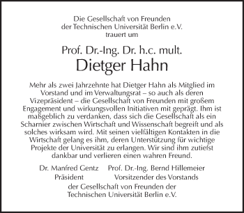 Traueranzeige von Dietger Hahn von Tagesspiegel
