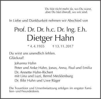 Traueranzeige von Dietger Hahn von Tagesspiegel