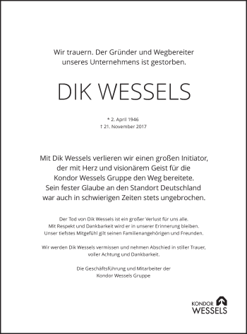 Traueranzeige von Dik Wessels von Tagesspiegel