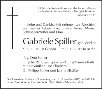 Traueranzeige von Gabriele Spiller von Tagesspiegel