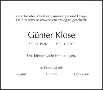 Traueranzeige von Günter Klose von Tagesspiegel