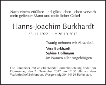 Traueranzeige von Hanns-Joachim Burkhardt von Tagesspiegel