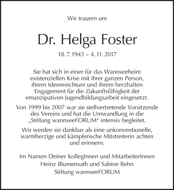 Traueranzeige von Helga Foster von Tagesspiegel