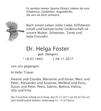 Traueranzeige von Helga Foster von Tagesspiegel