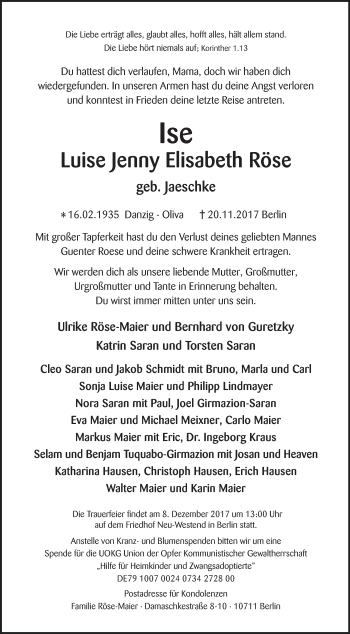 Traueranzeige von Ise Luise Jenny Elisabeth Röse von Tagesspiegel