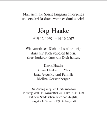 Traueranzeige von Jörg Haake von Tagesspiegel