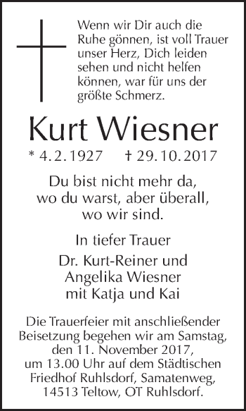 Traueranzeige von Kurt Wiesner von Tagesspiegel