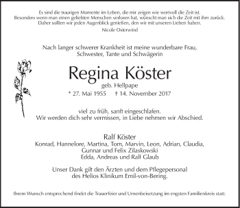 Traueranzeige von Regina Köster von Tagesspiegel
