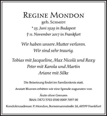 Traueranzeige von Regine Mondon von Tagesspiegel