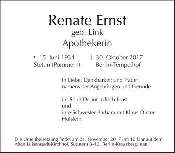 Traueranzeige von Renate Ernst von Tagesspiegel