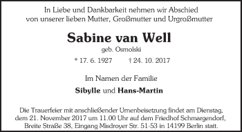 Traueranzeige von Sabine van Well von Tagesspiegel