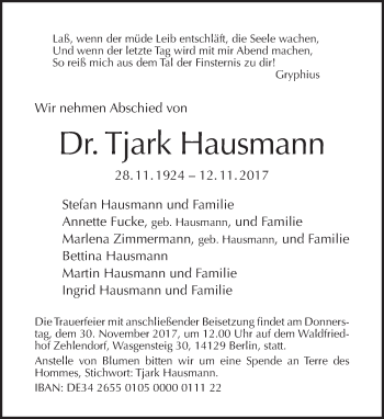 Traueranzeige von Tjark Hausmann von Tagesspiegel