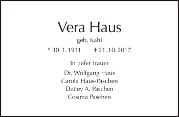 Traueranzeige von Vera Haus von Tagesspiegel