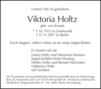 Traueranzeige von Viktoria Holtz von Tagesspiegel