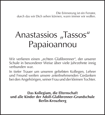 Traueranzeige von Anastassios Tassos Papaioannou von Tagesspiegel