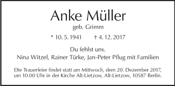Traueranzeige von Anke Müller von Tagesspiegel