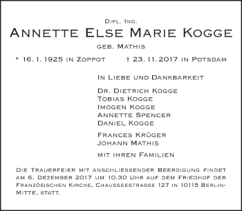 Traueranzeige von Annette Else Marie Kogge von Tagesspiegel