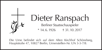 Traueranzeige von Dieter Ranspach von Tagesspiegel
