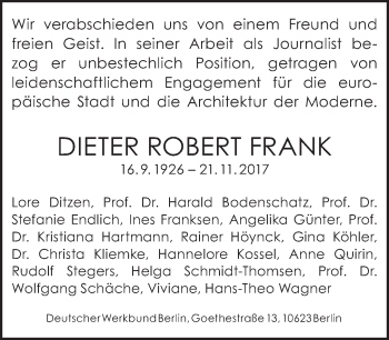 Traueranzeige von Dieter Robert Frank von Tagesspiegel