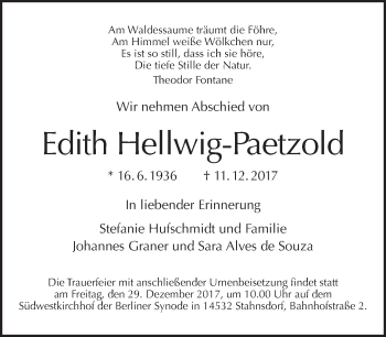 Traueranzeige von Edith Hellwig-Paetzold von Tagesspiegel