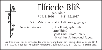 Traueranzeige von Elfriede Bliß von Tagesspiegel