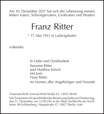 Traueranzeige von Franz Ritter von Tagesspiegel