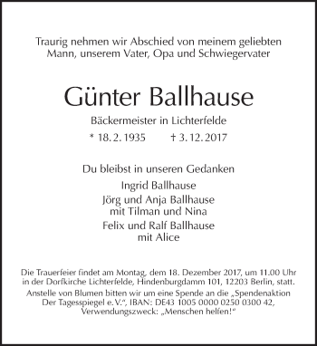 Traueranzeige von Günter Ballhause von Tagesspiegel