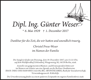 Traueranzeige von Günter Weser von Tagesspiegel