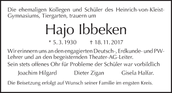 Traueranzeige von Hajo Ibbeken von Tagesspiegel