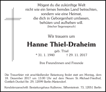 Traueranzeige von Hanne Thiel-Draheim von Tagesspiegel