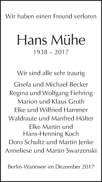 Traueranzeige von Hans Mühe von Tagesspiegel