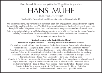 Traueranzeige von Hans Mühe von Tagesspiegel