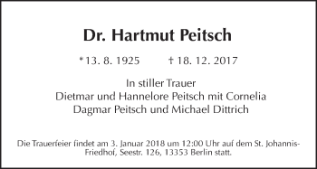 Traueranzeige von Hartmut Peitsch von Tagesspiegel