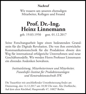 Traueranzeige von Heinz Linnemann von Tagesspiegel