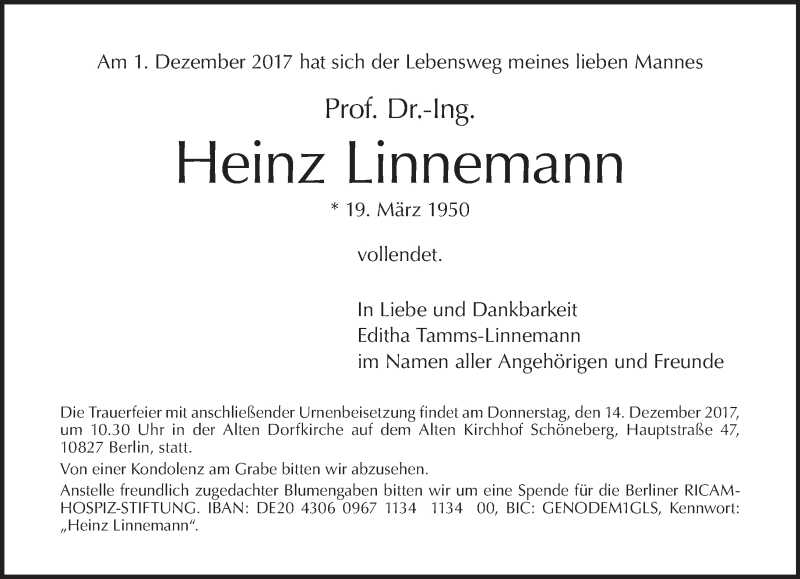  Traueranzeige für Heinz Linnemann vom 10.12.2017 aus Tagesspiegel