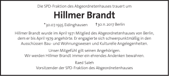 Traueranzeige von Hillmer Brandt von Tagesspiegel