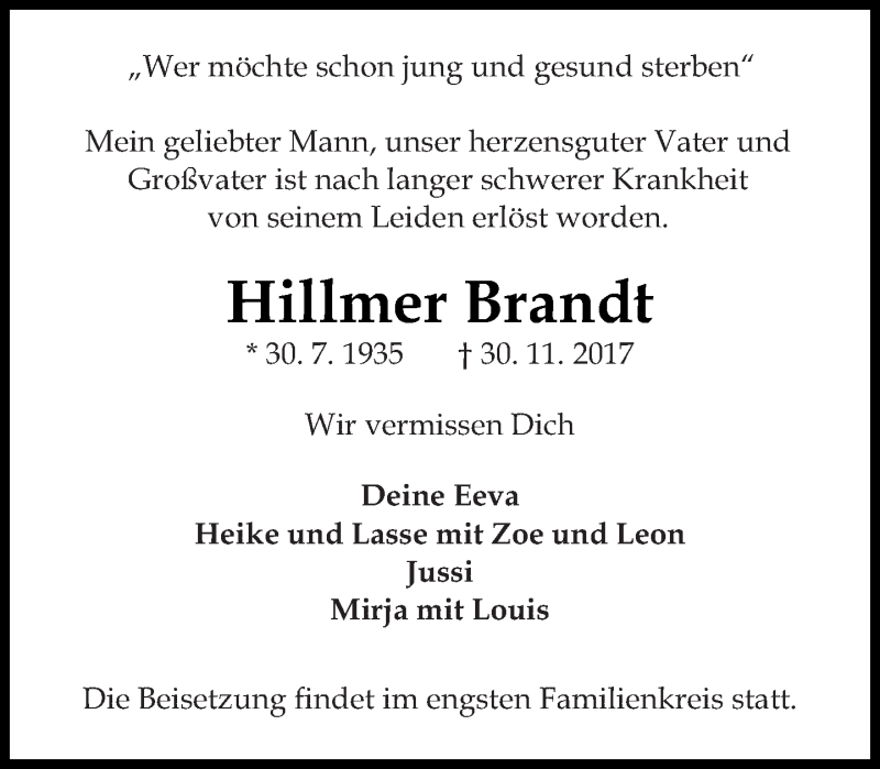  Traueranzeige für Hillmer Brandt vom 17.12.2017 aus Tagesspiegel