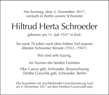 Traueranzeige von Hiltrud Herta Schroeder von Tagesspiegel