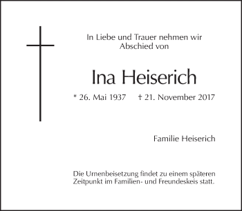 Traueranzeige von Ina Heiserich von Tagesspiegel