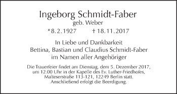 Traueranzeige von Ingeborg Schmidt-Faber von Tagesspiegel