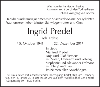Traueranzeige von Ingrid Predel von Tagesspiegel