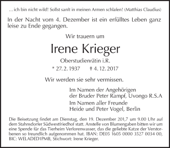 Traueranzeige von Irene Krieger von Tagesspiegel