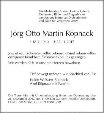 Traueranzeige von Jörg Otto Martin Röpnack von Tagesspiegel