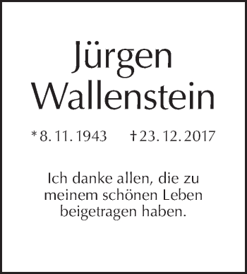 Traueranzeige von Jürgen Wallenstein von Tagesspiegel