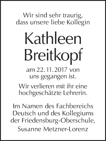 Traueranzeige von Kathleen Breitkopf von Tagesspiegel