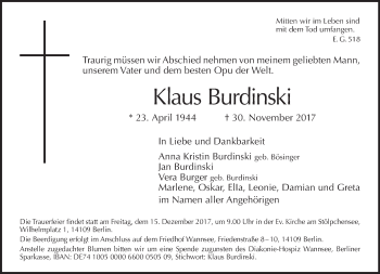 Traueranzeige von Klaus Burdinski von Tagesspiegel