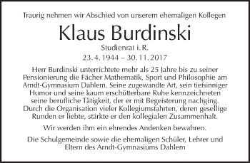 Traueranzeige von Klaus Burdinski von Tagesspiegel
